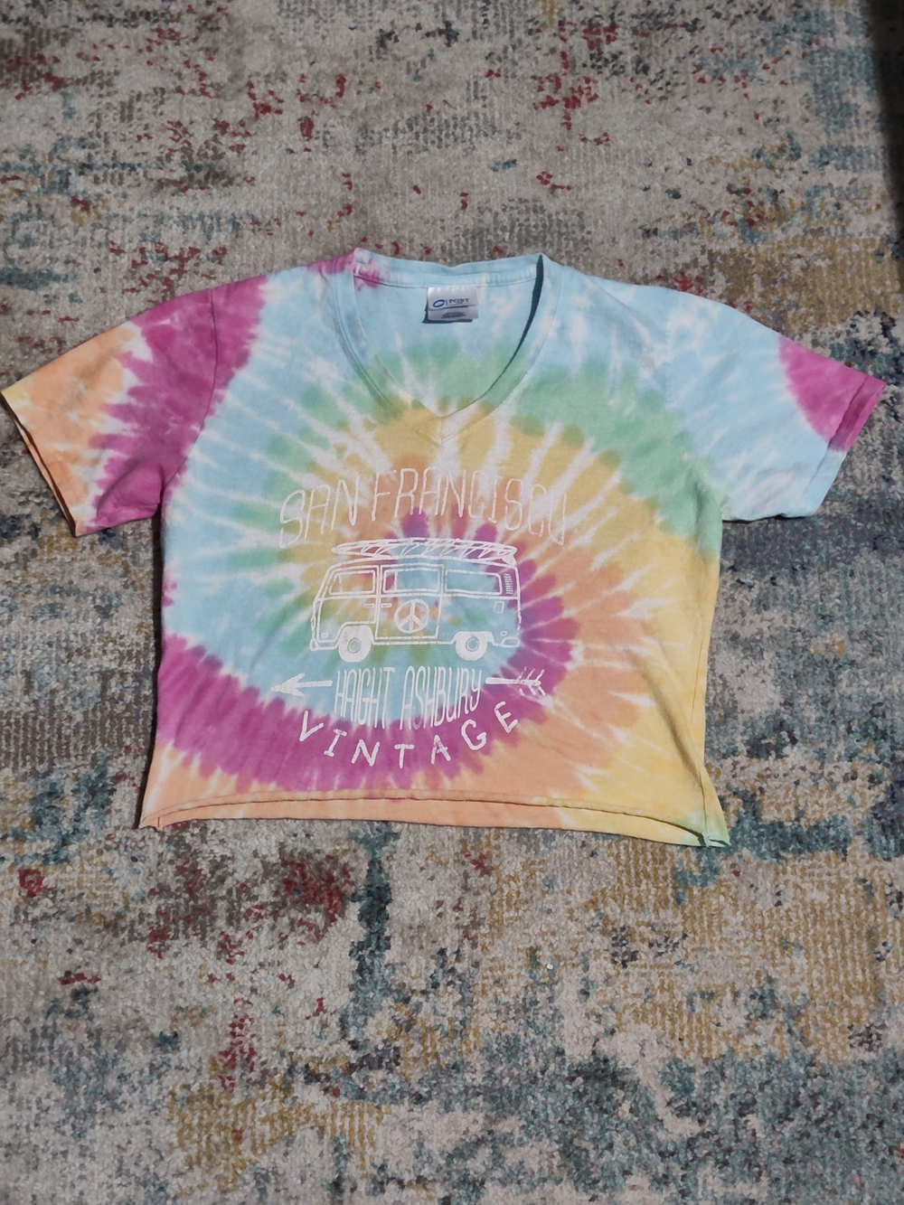 Port and Company Multicolor Tie-Dye Crop Tee with Van Graphic